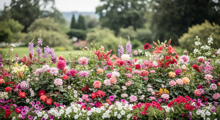 Vibrant flowerbed bursting with colors in a lush gardenの写真素材