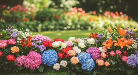 Colorful floral arrangement in garden with out-of-focus backgroundの写真素材