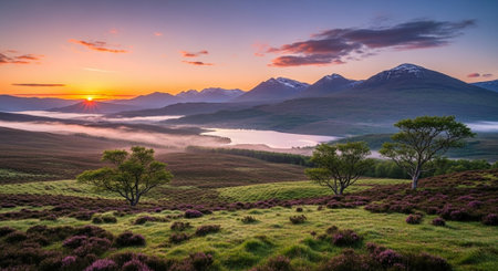 Sunrise over Scottish Highlands landscape with mountains and lakeの写真素材
