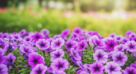 Vibrant field of purple petunias in full bloomの写真素材