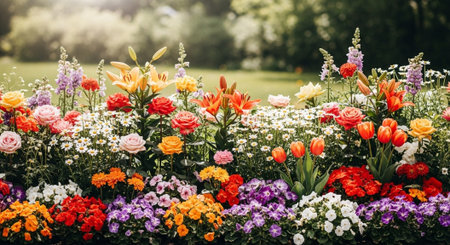 Vibrant flowerbed bursting with colorful blooms in a gardenの写真素材
