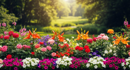 Lush flowerbed in a sunny garden landscape backgroundの写真素材
