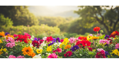 Vibrant flowerbed in sunlight with blurred background foliageの写真素材