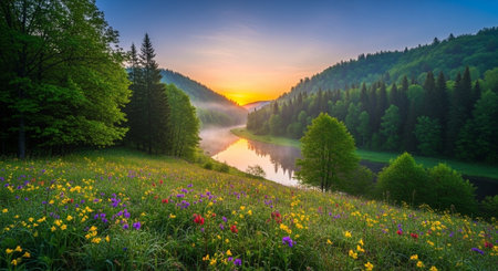 Scenic mountain landscape with river, meadow, and vibrant flowersの写真素材