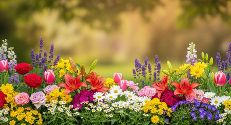 Colorful flowerbed against blurred background for spring design purposesの写真素材