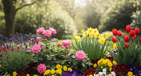 Floral bed with roses daffodils tulips and pansies in gardenの写真素材