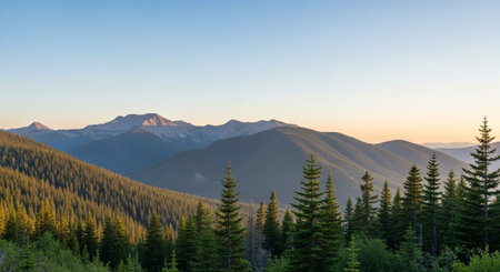 Mountain range covered in forests under a clear skyの写真素材