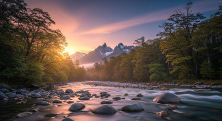 Majestic mountain peaks and river at scenic sunrise landscapeの写真素材