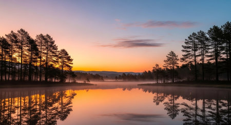 Reflections of trees in a tranquil lake at sunriseの写真素材