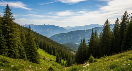 Vibrant mountain scenery with trees, meadows, and blue skyの写真素材