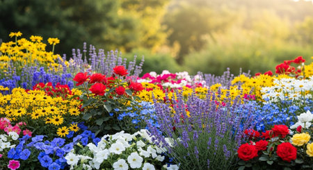Vibrant floral garden featuring a variety of colorful flowersの写真素材