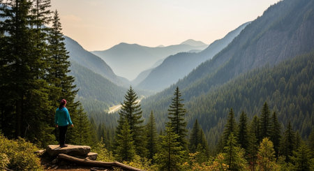 Woman overlooking a scenic mountain valley filled with evergreensの写真素材