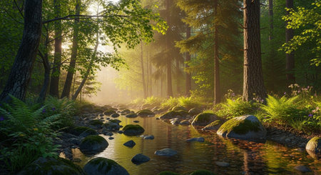 Sunlit Forest Stream: Tranquil Nature Scene with Mossy Rocks