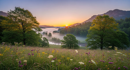Sunrise Over Foggy Valley with Meadow and Wildflowersの写真素材