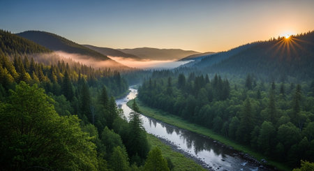 Sunrise over misty mountains and river landscape panoramaの写真素材