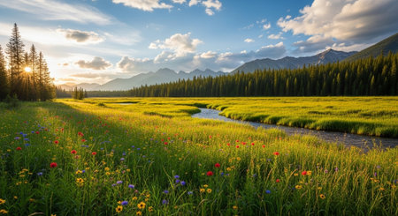 Scenic meadow with wildflowers, stream, forest and mountain backdropの写真素材