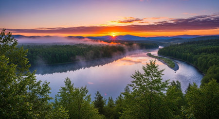 Scenic sunrise over a river with mist and forestsの写真素材