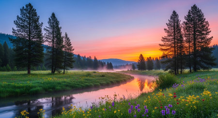 Scenic river landscape with vibrant wildflowers and colorful sunsetの写真素材