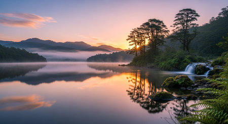 Serene sunrise lake reflecting trees and mountains landscape viewの写真素材