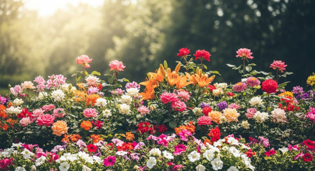 Vibrant garden bed featuring various flowers in full bloom