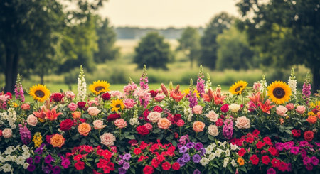 Vibrant flower bed with diverse blooms in a garden