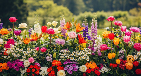 Lush Flower Bed with Diverse Blooms in Sunlightの写真素材