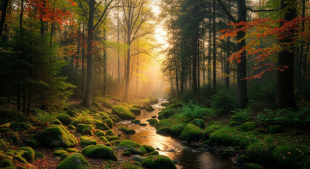 Sunlit stream flowing through autumn forest with mossy rocks