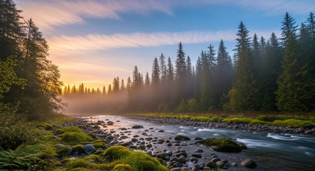 Tranquil river flowing through a misty forest at dawnの写真素材