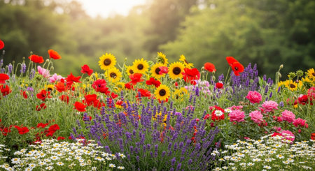 Colorful Flower Garden in Summer with Poppies and Lavenderの写真素材