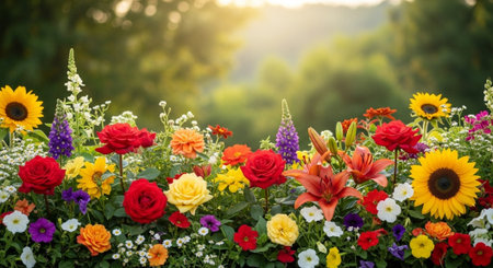 Colorful Flower Garden in Full Bloom with Green Backdrop