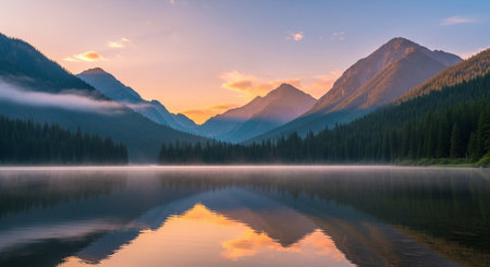 Peaceful mountain lake reflection at sunrise or sunset lightの写真素材
