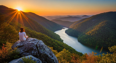 Woman meditating at sunrise overlooking river valley and mountainsの写真素材