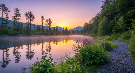 Peaceful lake reflecting sunrise with forest and path landscapeの写真素材