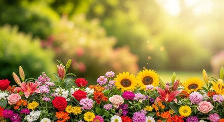 Vibrant flower garden with blurred natural bokeh background