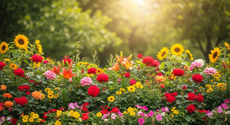 Vibrant assortment of multicolored flowers under the bright sunの写真素材