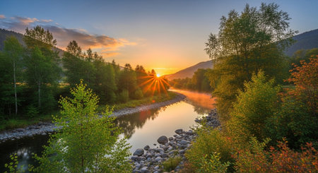 Sunrise over a tranquil river through a forest landscapeの写真素材