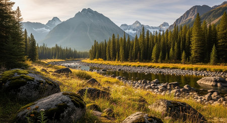 Scenic River Flowing Through Mountain Landscape in Albertaの写真素材