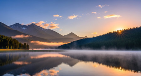 Majestic mountain lake at dawn with fog and reflectionsの写真素材