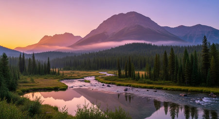 Mountain river at sunrise with forest and fogの写真素材