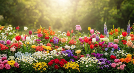 Vibrant flower garden bursting with colors on a sunny dayの写真素材