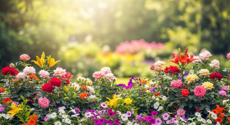 Vibrant flowerbed showcases roses, lilies, petunias in blurred gardenの写真素材