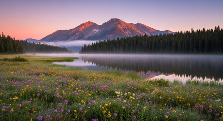 Picturesque mountain lake sunrise with wildflowers and mistの写真素材