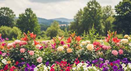 Vibrant flowerbed with lilies, roses and meadow backdropの写真素材