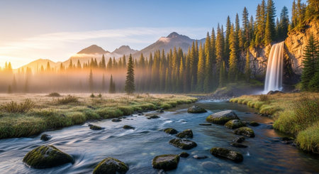 Serene waterfall landscape with river and misty forest treesの写真素材
