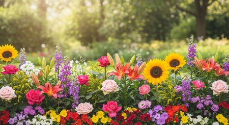 Vibrant assorted flower garden blooming in summer sunshineの写真素材