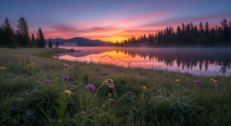 Sunrise reflection on a calm lake with meadow foregroundの写真素材