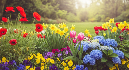 Colorful Flower Bed in Full Bloom with Soft Sunlight