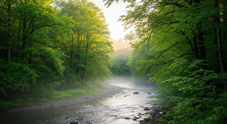 River flows through sunlit forest, green foliage surrounds water