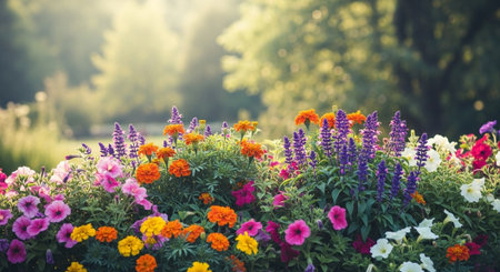 Vibrant flowerbed of colorful annuals in a garden settingの写真素材