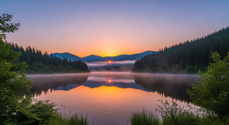 Serene lake sunrise reflecting mountains through gentle morning mistの写真素材